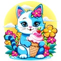 Kitty Cat Cute and happy Summer Cartoon Character with ice cream flowers and Strawberries vector illustration isolated on white.