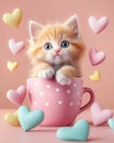 Kitty cat inside a coffe mugg surrounded by floating hearts. Ai Generative Royalty Free Stock Photo