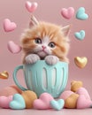 Kitty cat inside a coffe mugg surrounded by floating hearts. Ai Generative Royalty Free Stock Photo