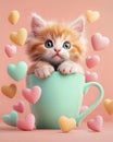 Kitty cat inside a coffe mugg surrounded by floating hearts. Ai Generative Royalty Free Stock Photo