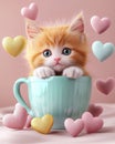 Kitty cat inside a coffe mugg surrounded by floating hearts. Ai Generative Royalty Free Stock Photo