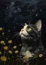 Kitty Cat and Kitten in a Field of Daisies Looking at a Swarm of