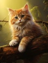 Kitty Cat Kitten Fluffy Orange Sitting Tree Branch Illustration