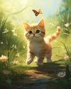 Kitty Cat Kitten Walking Grass Butterfly Head Background Rays Su Royalty Free Stock Photo