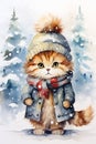 Kitty Cat Kitten Wearing Winter Coat Hat Backgrounds Mascot Cart