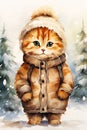 Kitty Cat Kitten Winter Coat Standing Snow Trend Icon Look Carto