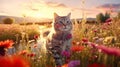 kitty cat and puppy wild meadow floral field ,bee and butterfly Royalty Free Stock Photo