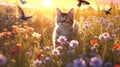 kitty cat and puppy wild meadow floral field ,bee and butterfly Royalty Free Stock Photo