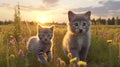 kitty cat and puppy wild meadow floral field ,bee and butterfly Royalty Free Stock Photo