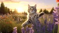 kitty cat and puppy wild meadow floral field ,bee and butterfly Royalty Free Stock Photo