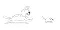 Kitty chases a mouse. Coloring page. Black and white cat, kitten. Vector