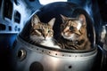 kitty and doggy floating in spacecraft, heads tilted and eyes shining with curiosity