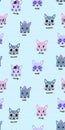 Kitty faces in sunglasses pattern , wreath and bow on striped background