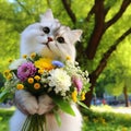 Lovely and cute kitty with a bouquet of flowers.