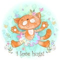 Kitty hug. Cat ballerina loves to cuddle. Vector. Watercolor Royalty Free Stock Photo