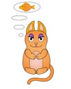 Kitty is meditating or dreaming of a delicious fish. Kitty is sitting in lotus position and is thinking. Vector full color cat for