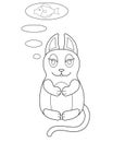 Kitty is meditating or dreaming of a delicious fish. Kitty is sitting in lotus position and is thinking. Vector linear cat colorin