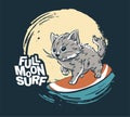 Kitty night surfer cool summer t-shirt print. Cat midnight ride surfboard on big wave.