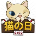 Kitty over Wooden Sign to Celebrate Japanese Cat Day, Vector Illustration