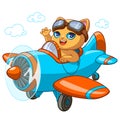 Kitty pilot cartoon illustration of kitten in toy airplane for kid birthday greeting card design template Royalty Free Stock Photo