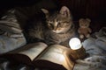 Kitty Reading A Book with Teddy Bear, Magic Childhood, Fairy Tale at Dream, Night Light Royalty Free Stock Photo