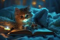 Kitty Reading A Book with Teddy Bear, Magic Childhood, Fairy Tale at Dream, Night Light Royalty Free Stock Photo