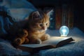 Kitty Reading A Book with Teddy Bear, Magic Childhood, Fairy Tale at Dream, Night Light Royalty Free Stock Photo