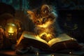 Kitty Reading A Book with Teddy Bear, Magic Childhood, Fairy Tale at Dream, Night Light Royalty Free Stock Photo