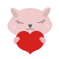 Kitty with red heart, vector illustration of Valentine's day. Icon element on white background, hand drawn.