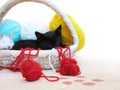 Kitty sleeping in the basket with yarn