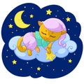 Kitty sleeping cartoon illustration of kitten dream sleep on cloud stars in pajama for kid T-shirt print design template