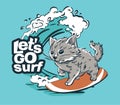 Kitty surfer adventure cool summer t-shirt print. Cat ride surfboard on wave Royalty Free Stock Photo