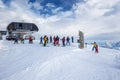 KITZBUEHEL, AUSTRIA - February 17, 2016 - Skiers skiing in Kitzbuehel ski resort on the top of Steinbergkogrl, resort with 54 cab