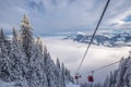 KITZBUEHEL, AUSTRIA - February 17, 2016 - View to Alps in Austria from cable car leading to Hahnenkamm, place of famous