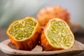 Kiwano fruit or Horned melon close up. Fresh and juicy African horned cucumber or jelly melon