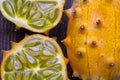 Kiwano fruit Horned melon is known by such names as African horned melon or melon, jelly melon, hedged gourd, English Tomato,