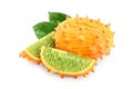 Kiwano or horned melon with leaf isolated on white background Royalty Free Stock Photo