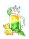 Kiwi and banana milkshake in a mason jar decorated with banana slices, mint leaves and creme hand-drawn illustration