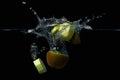 Kiwi and banana slices fall into water on a black background. Royalty Free Stock Photo