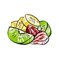Kiwi, banana, strawberry. Sliced fruits and berries in grunge style. Healthy lifestyle. Hand drawing on a white background. Vector Royalty Free Stock Photo