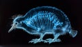 A Kiwi bird with glowing blue skeleton visible through its feathers on a black background Royalty Free Stock Photo