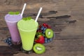 Kiwi and blueberry smoothies purple colorful fruit juice milkshake blend beverage healthy . Royalty Free Stock Photo