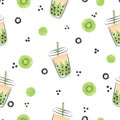 Kiwi bubble tea seamless pattern. Vector background with fruit boba drink Royalty Free Stock Photo