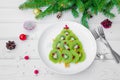 Kiwi Christmas tree on a white plate with pomegranate and sea buckthorn on a white wooden background.