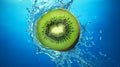 Kiwi dropped on the blue water surface with kiwi slice and water splash. Generative AI Royalty Free Stock Photo