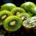 Sliced kiwi fruit with water droplets offering a fresh, tantalizing texture. AI generation