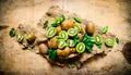 Kiwi fruit in basket with leaves on the old fabric. Royalty Free Stock Photo