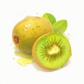 kiwi fruit,close up,watercolor style,burst of juice feel,water droplet,realism,white background