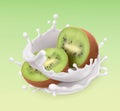 Kiwi fruit and milk splash. Fruit and yogurt. 3d vector icon