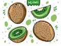 Kiwi fruit set. Hand drawn vector illustration in cartoon style. Isolated on white background Royalty Free Stock Photo